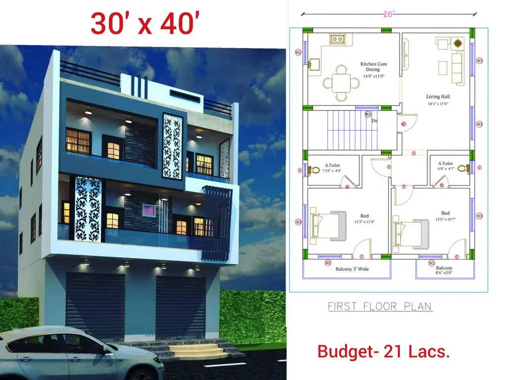 30' x 40' G+2 घर का नक्शा पूरी जानकारी II 30' x 40' G+2 house design complete details.