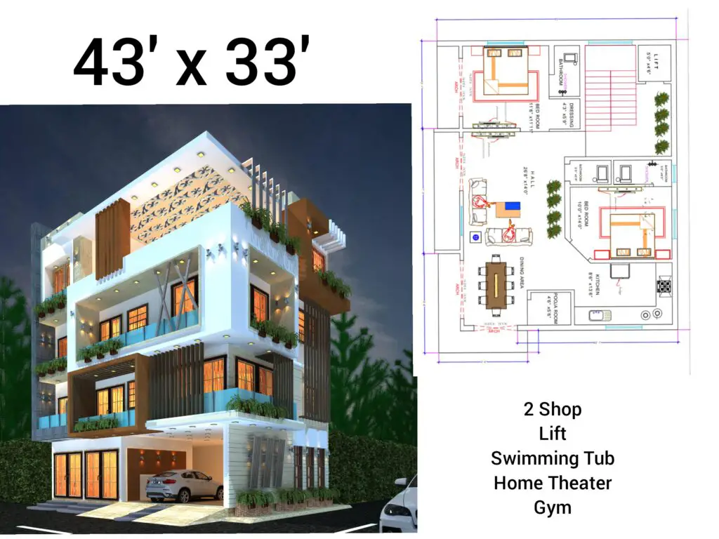 43′ x 33′ G+2 घर का नक्शा पूरी जानकारी II 43′ x 33′ G+2 house design complete details poster