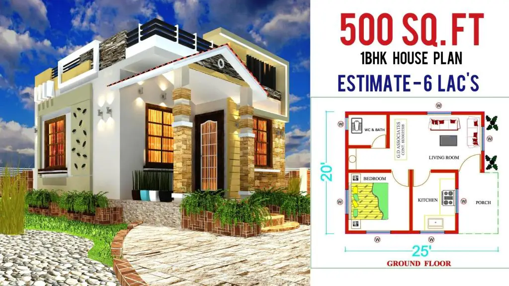 500 Sq.ft 1BHK house design