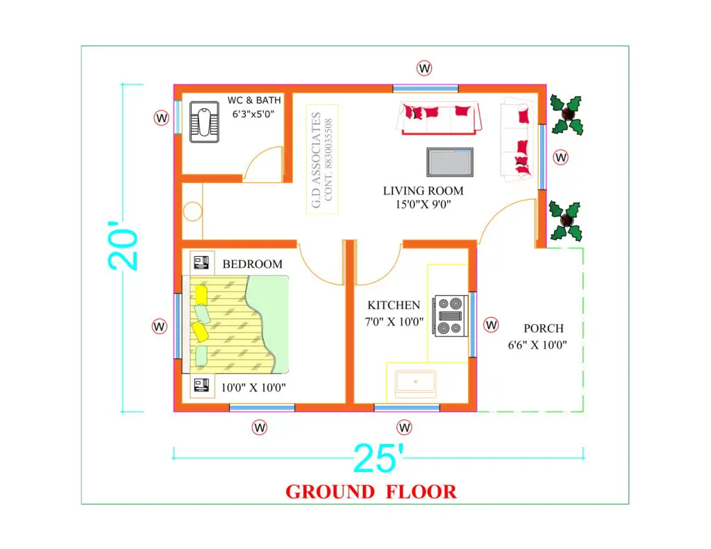 500 Sq ft 1BHK House Design Free