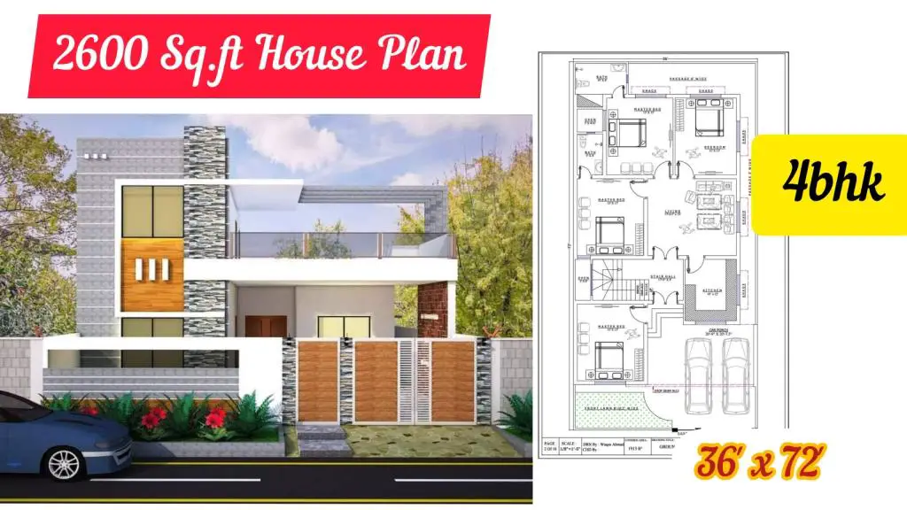 2600 Sq.ft में 4BHK घर का नक्शा पूरी जानकारी II 36′ x 72′ house design complete details.