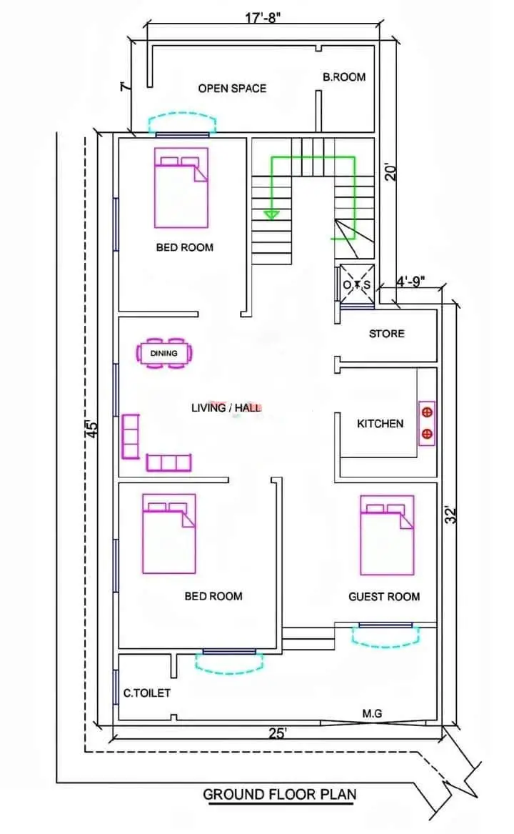 1150 Sq Ft Best 3BHK House Plan II 25 X 45 House 