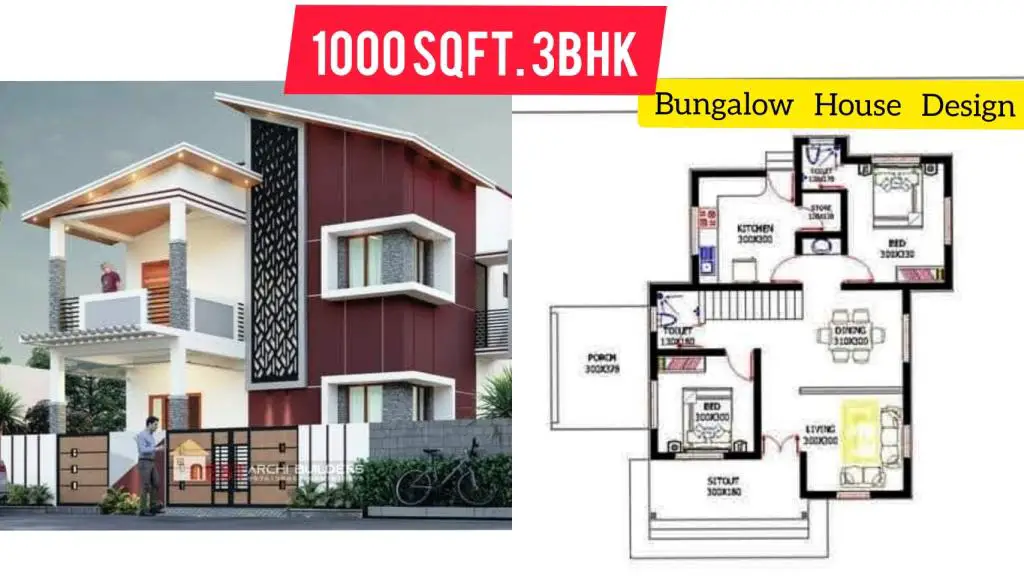 1000 Sqft 3bhk bungalow house design with floor plan