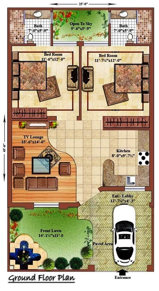 25 X 45 Duplex Home Design floor plan