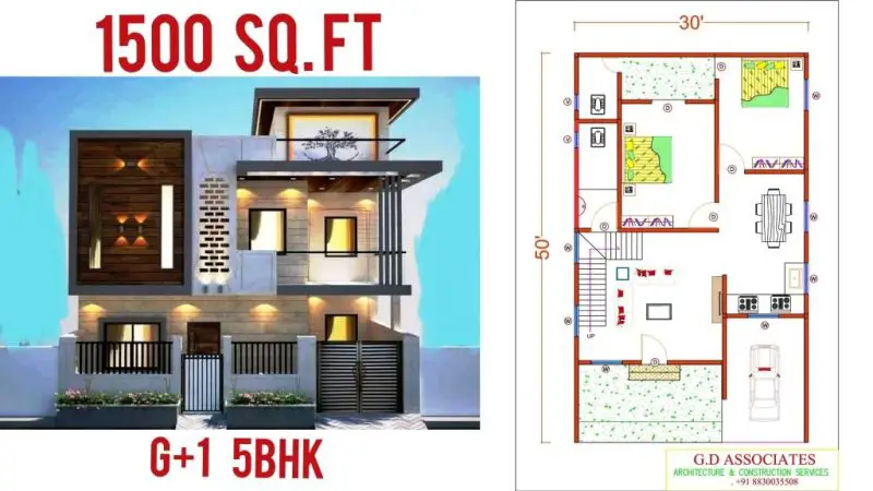 5BHK 1500 Sq ft house plans with beautiful 3D elevation