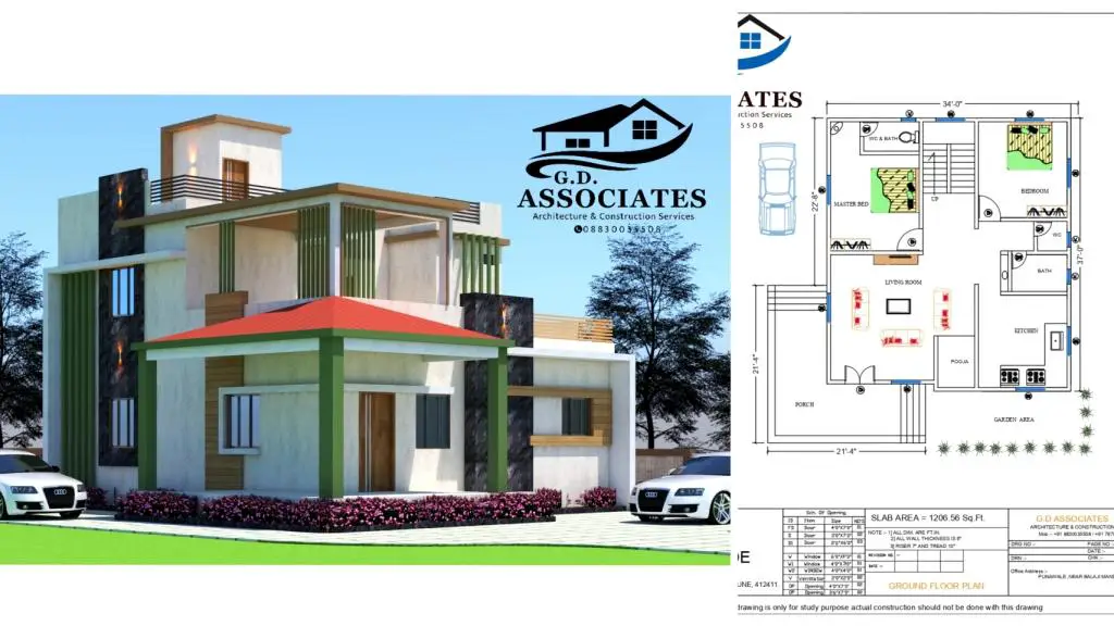 1200 sq ft house plan with front elevation 4 bedrooms